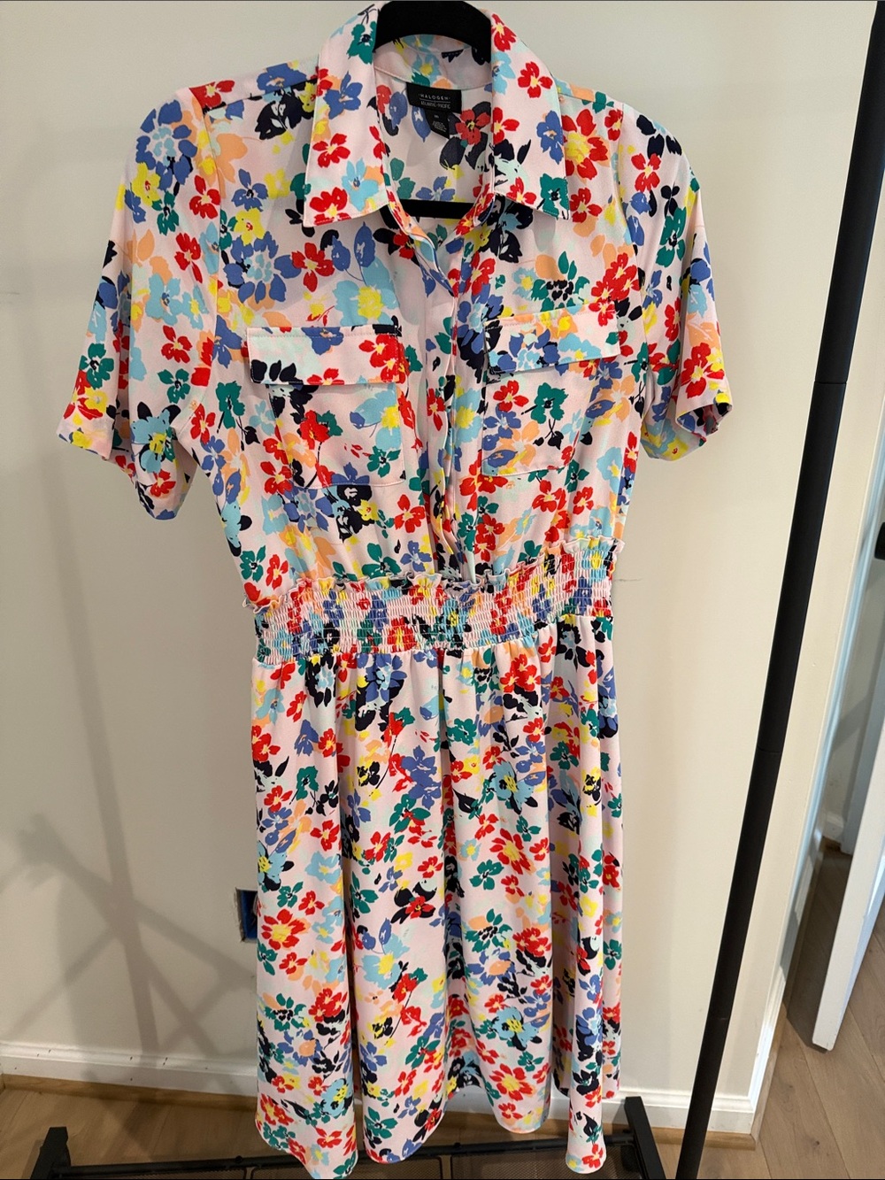 Halogen White Floral Midi Shirt Dress with Red, Blue, Yellow & Green Flowers